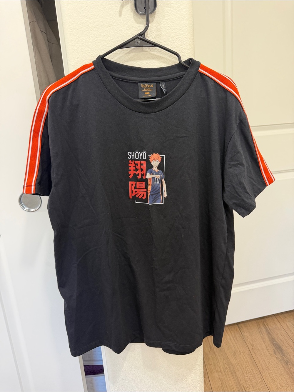 Black Shōyō Graphic Tee with Red Shoulder Stripes